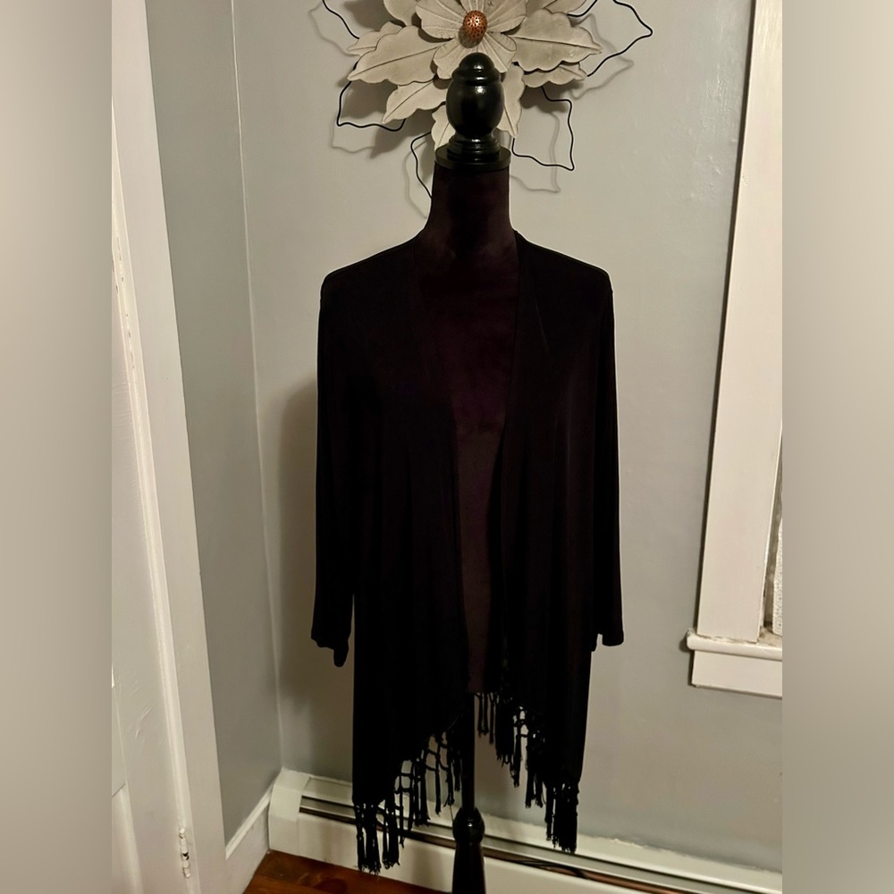 Chico’s Travelers Fringed Opened Black Cardigan  with 3/4 Sleeves Size 3